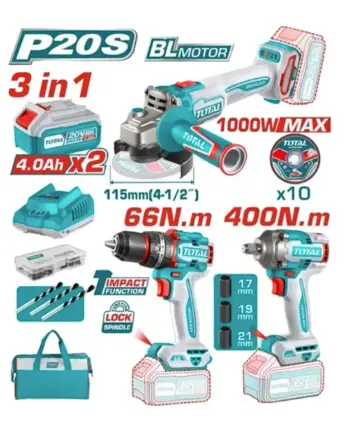 SET TALADRO PERCUTOR +LLAVE IMPACTO 400NM+ESMERIL ANGULAR +2BAT+CARGADOR TOTAL (TOSLI241291-7)