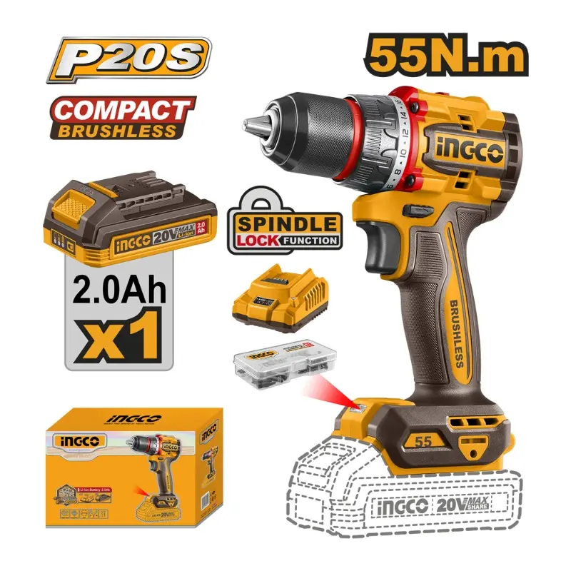 TALADRO INALAMBRICO 55 N.m 20V 1 BAT. 2.0Ah  INGCO (CDLI205582)